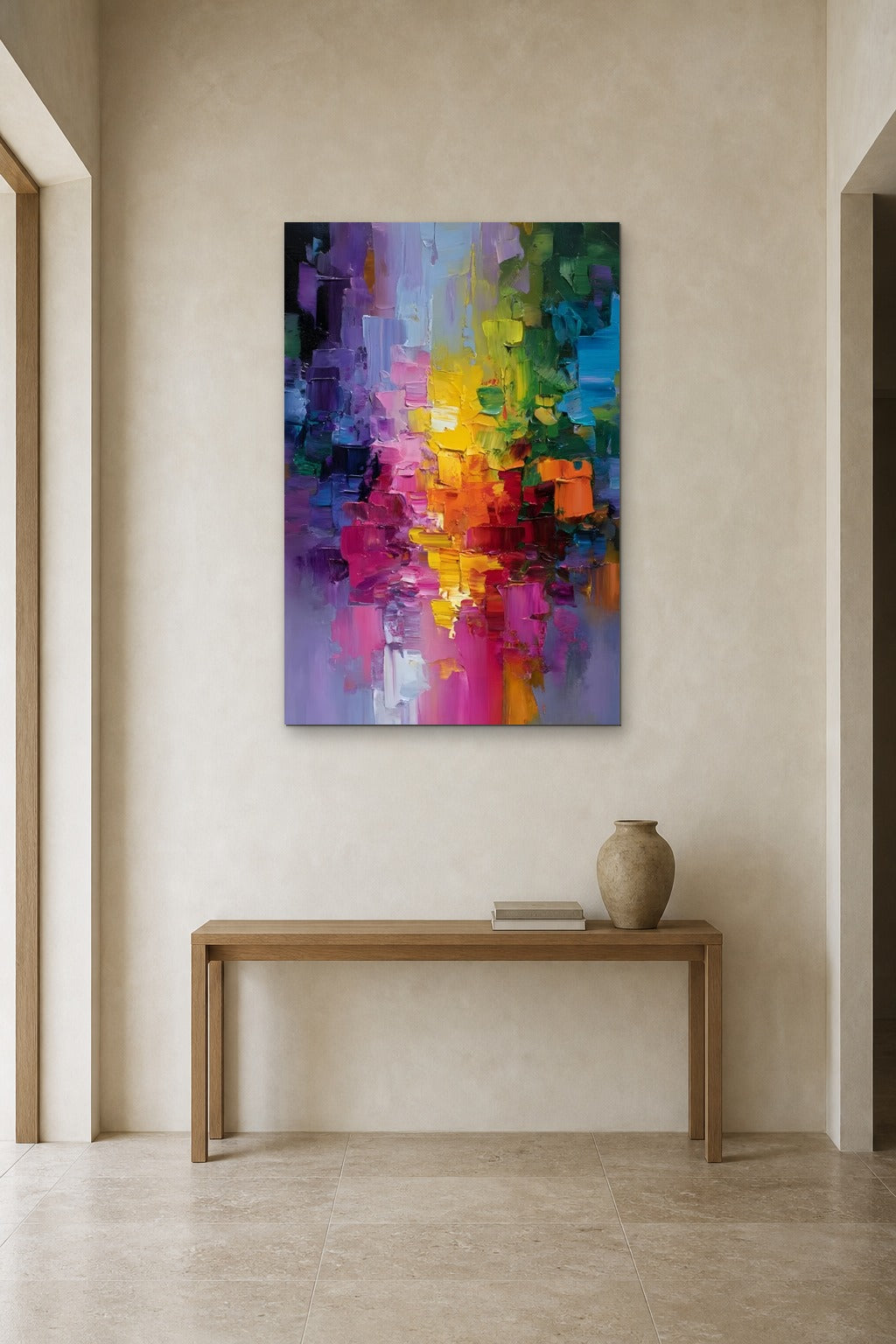 Rainbow Rain shown at 90 × 140 cm above a 140 cm oak console