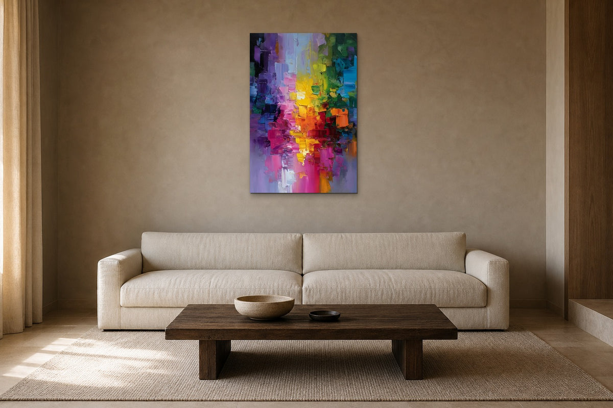 Rainbow Rain shown at 60 × 90 cm above a 230 cm linen sofa
