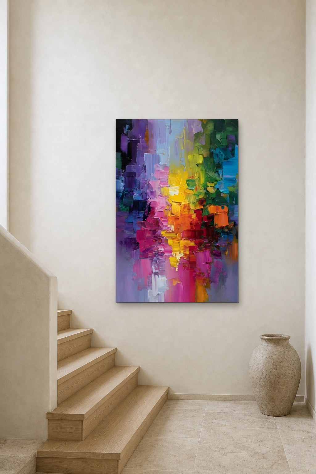 Rainbow Rain shown at 90 × 140 cm above a stair landing