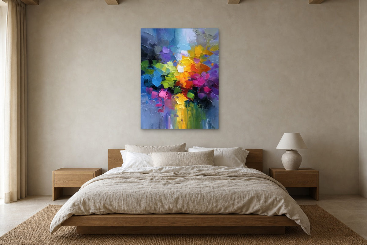 Summer Bouquet shown at 100 × 140 cm above a 180 cm oak bed