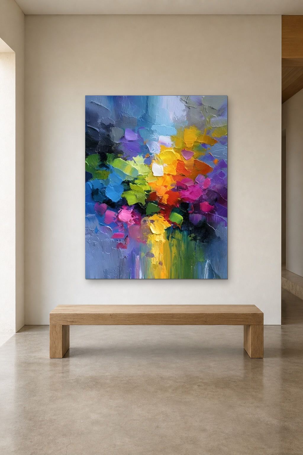Summer Bouquet shown at 120 × 160 cm above a 180 cm oak bench