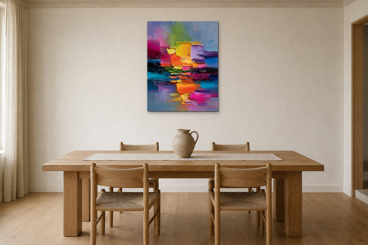 Sunset Water shown at 50 × 70 cm above a 200 cm oak dining table