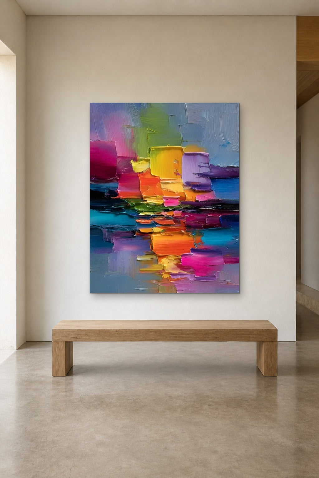 Sunset Water shown at 120 × 160 cm above a 180 cm oak bench