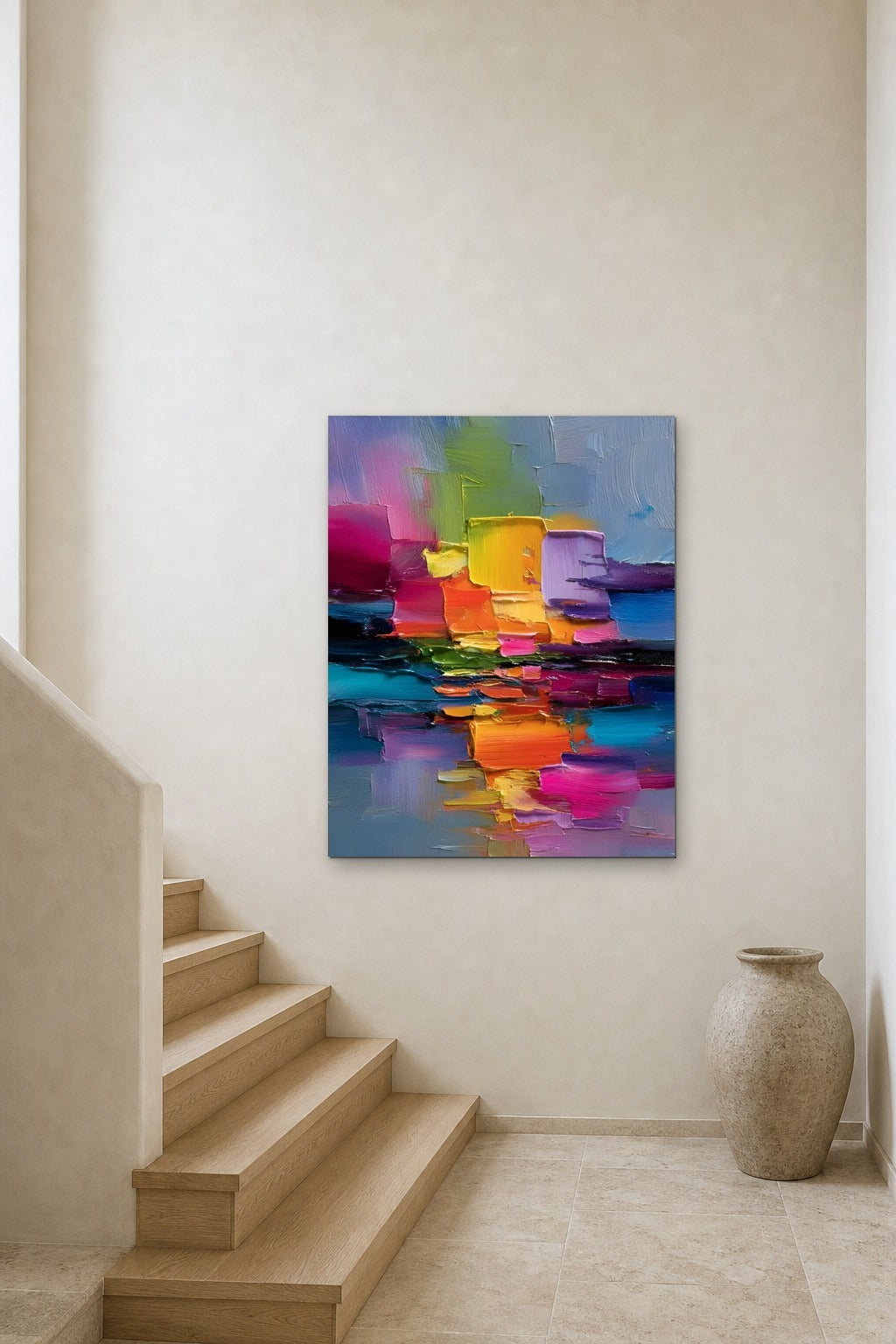 Sunset Water shown at 90 × 120 cm above a stair landing