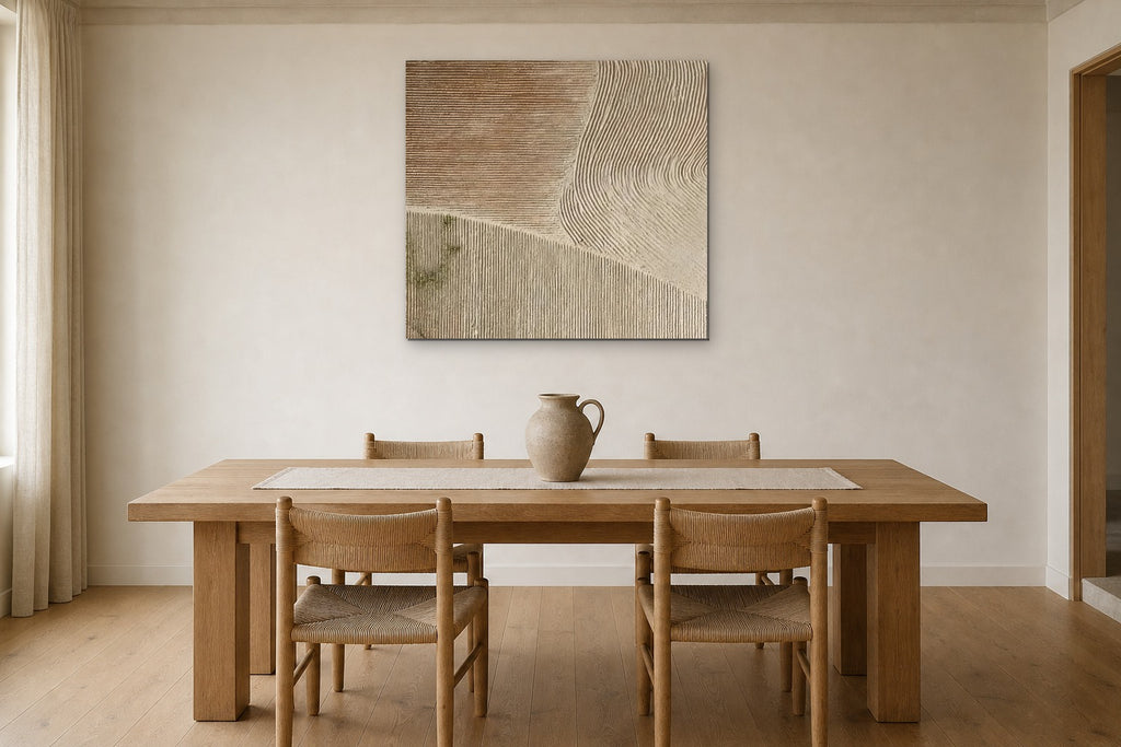 Combed Sand shown at 70 × 70 cm above a 200 cm oak dining table