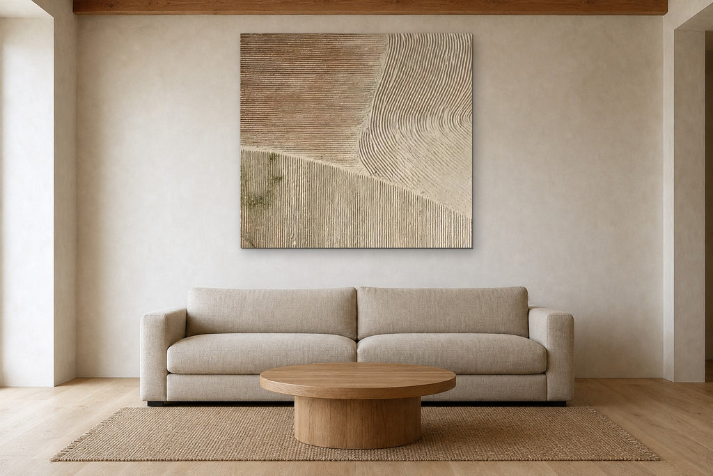 Combed Sand shown at 130 × 130 cm above a 240 cm linen sofa