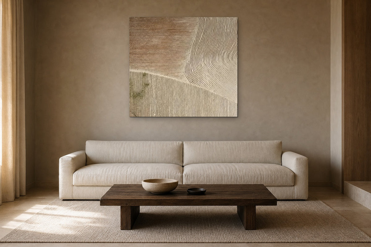 Combed Sand shown at 100 × 100 cm above a 230 cm linen sofa