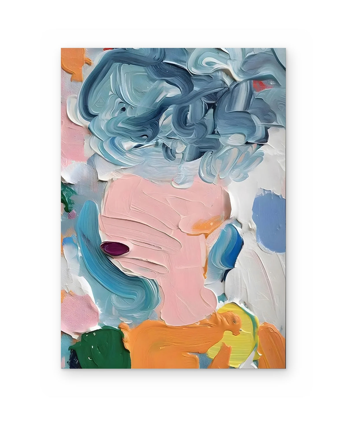 Blue Curls, figurative abstract painting shown straight on