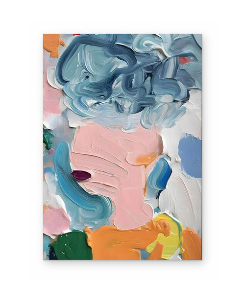 Blue Curls, figurative abstract painting shown straight on