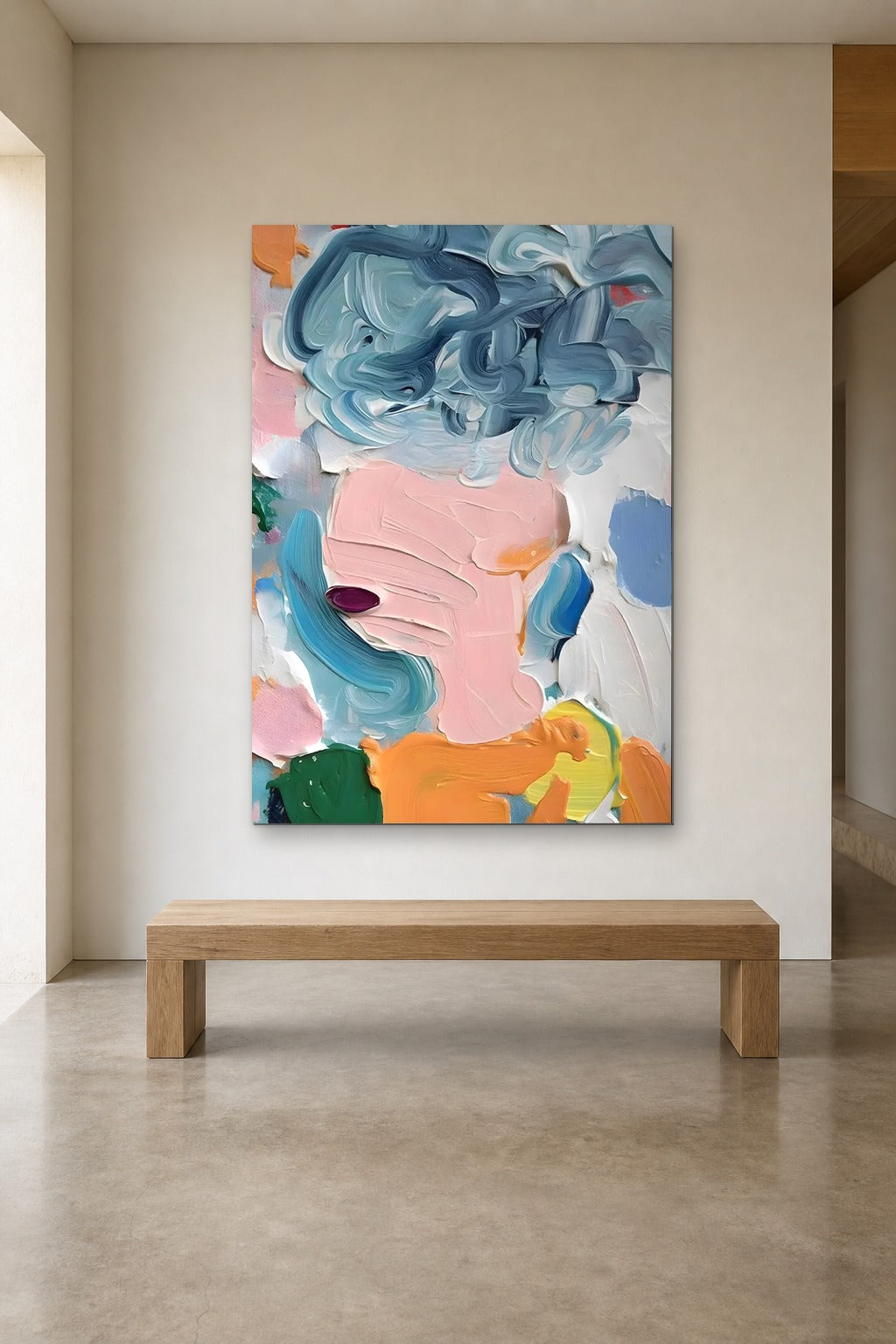 Blue Curls shown at 120 × 180 cm above a 180 cm oak bench