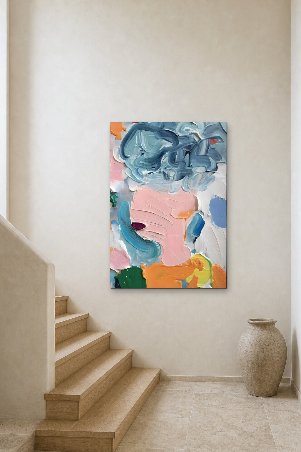 Blue Curls shown at 90 × 120 cm above a stair landing