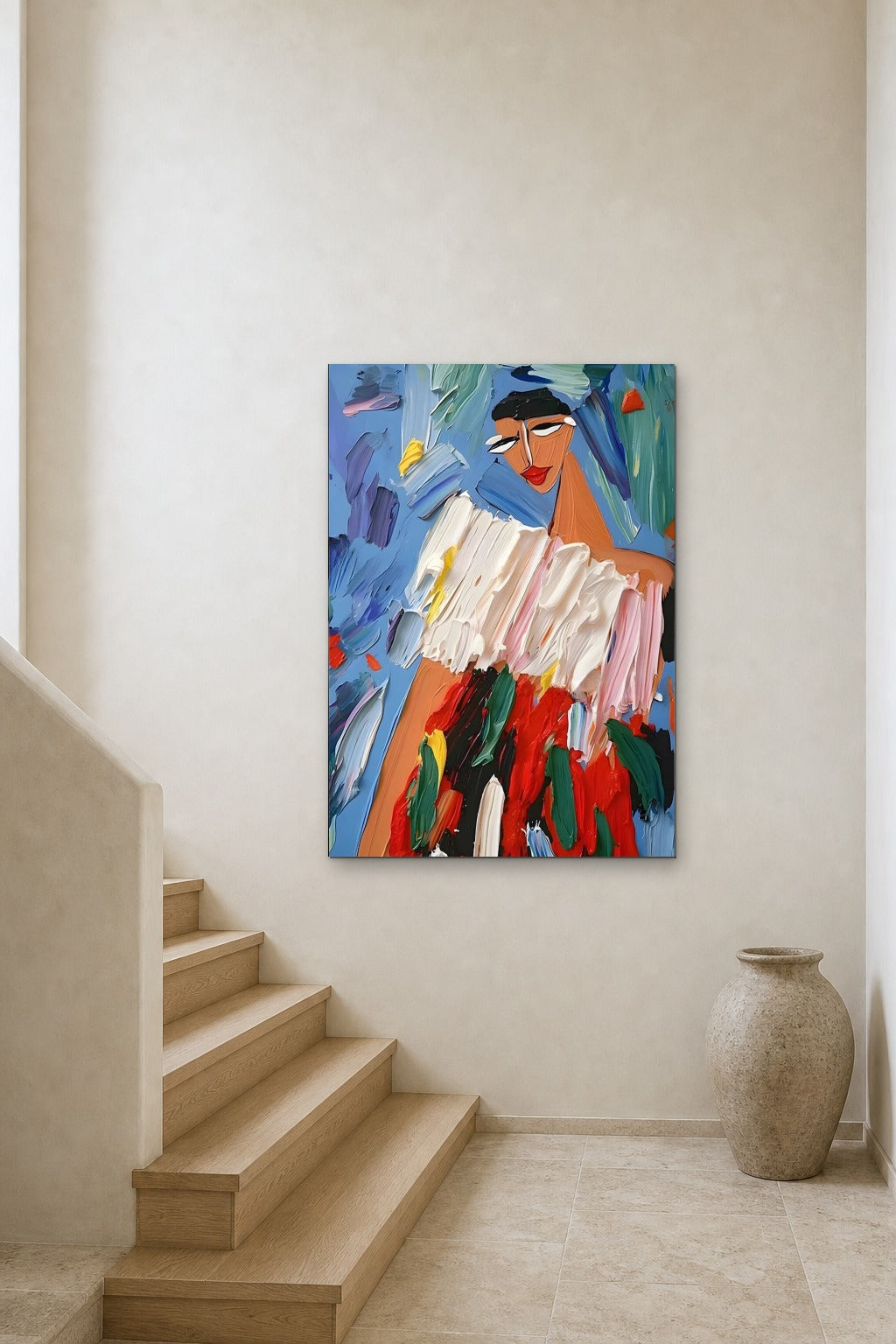 The Party Dress shown at 90 × 120 cm above a stair landing