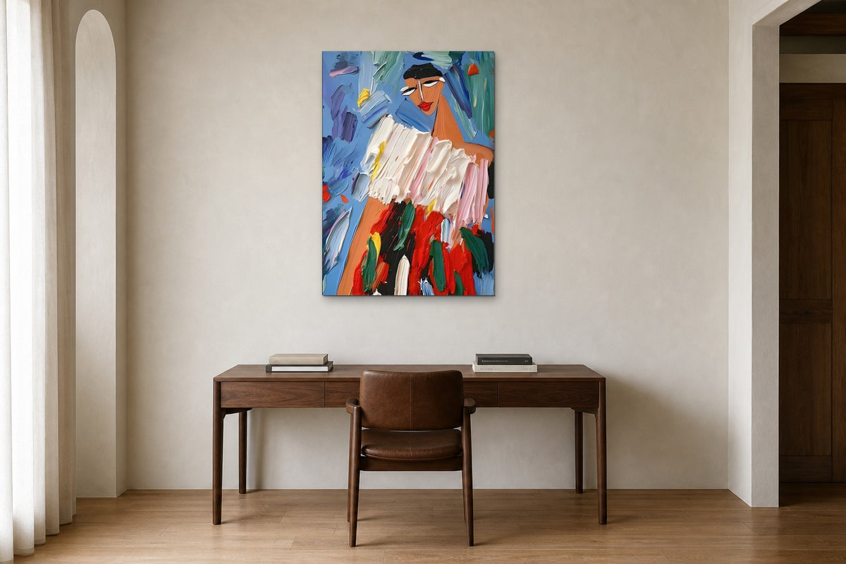 The Party Dress shown at 70 × 100 cm above a 160 cm walnut desk