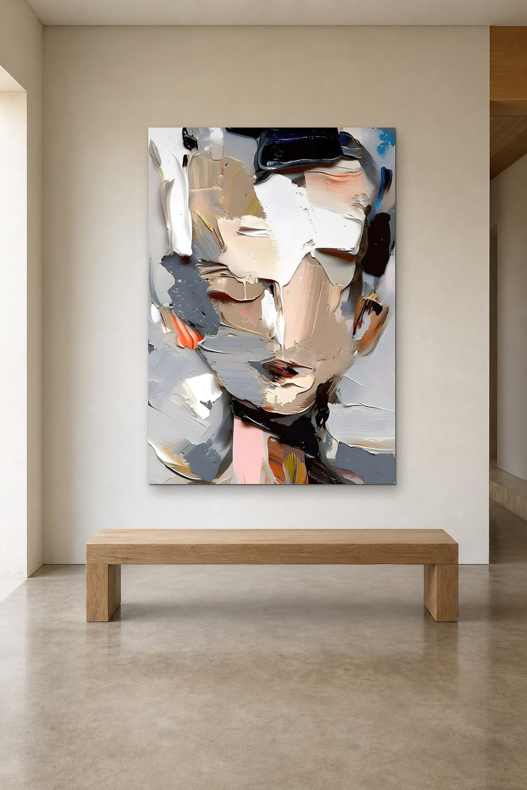 Grey Portrait shown at 120 × 180 cm above a 180 cm oak bench