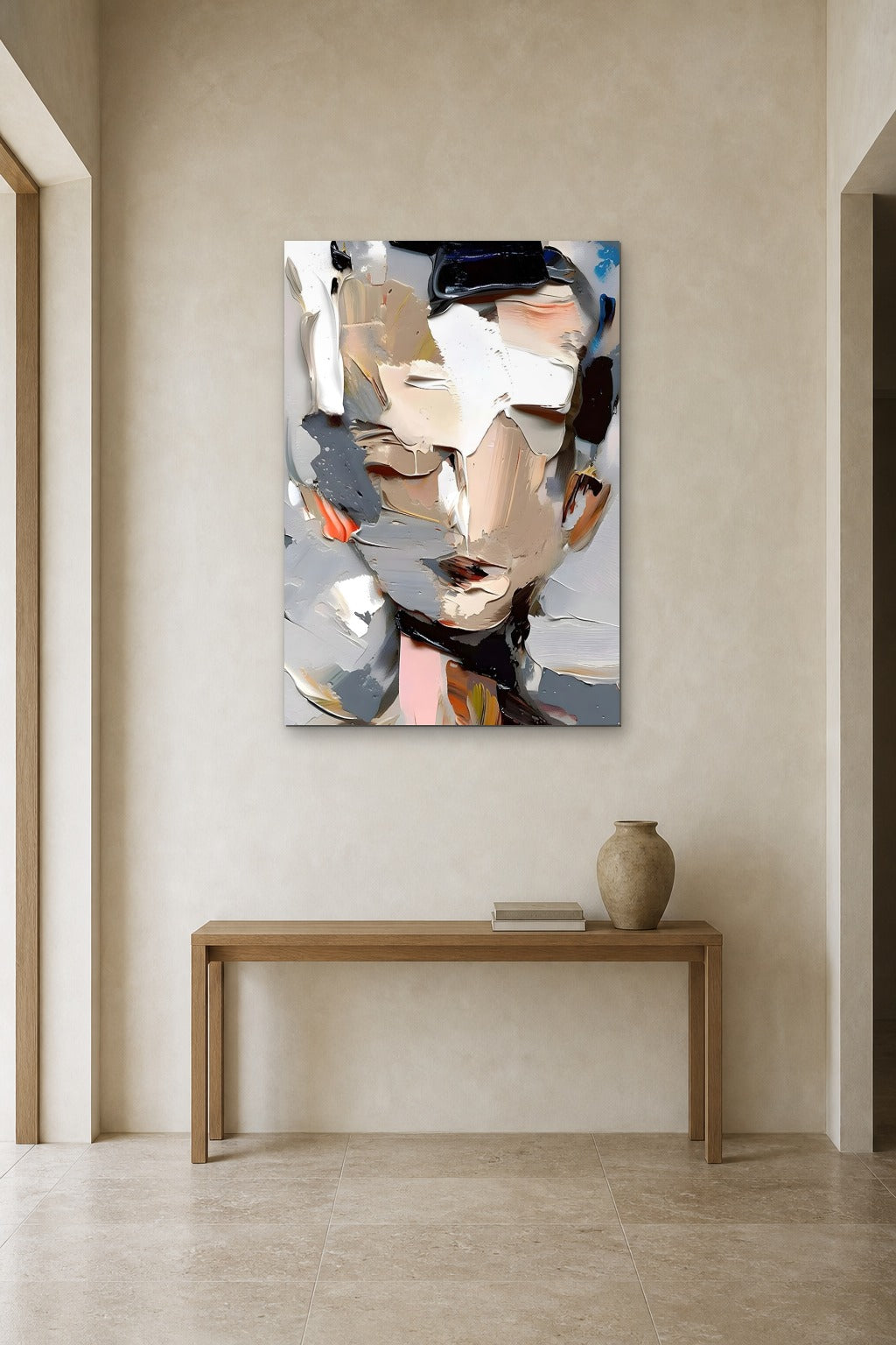 Grey Portrait shown at 90 × 120 cm above a 140 cm oak console