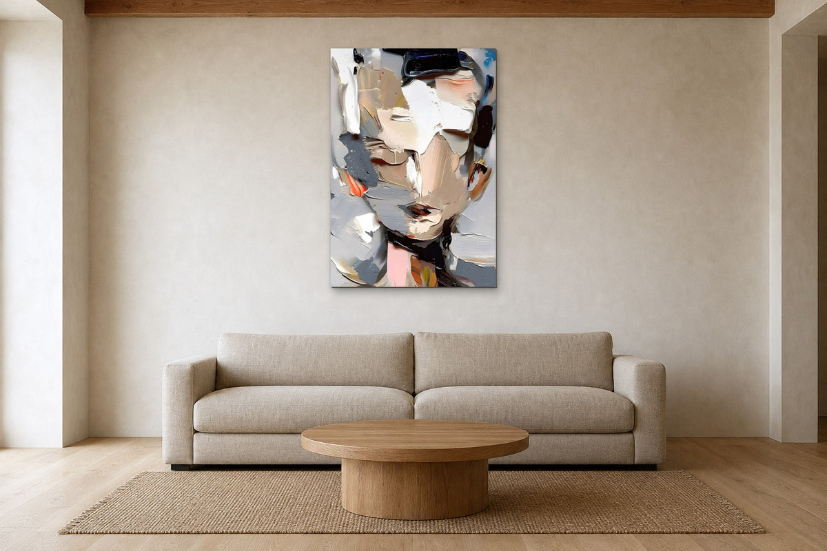 Grey Portrait shown at 80 × 120 cm above a 240 cm linen sofa