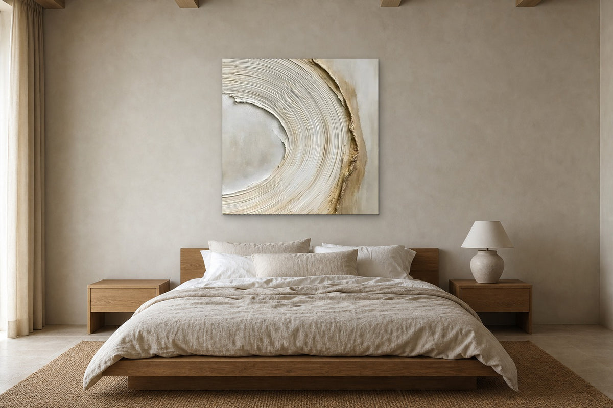 Ripple shown at 120 × 120 cm above a 180 cm oak bed
