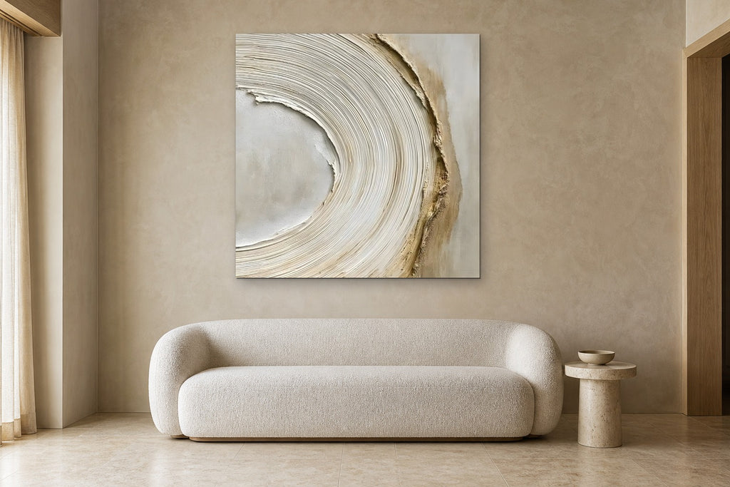 Ripple shown at 130 × 130 cm above a 220 cm boucle sofa
