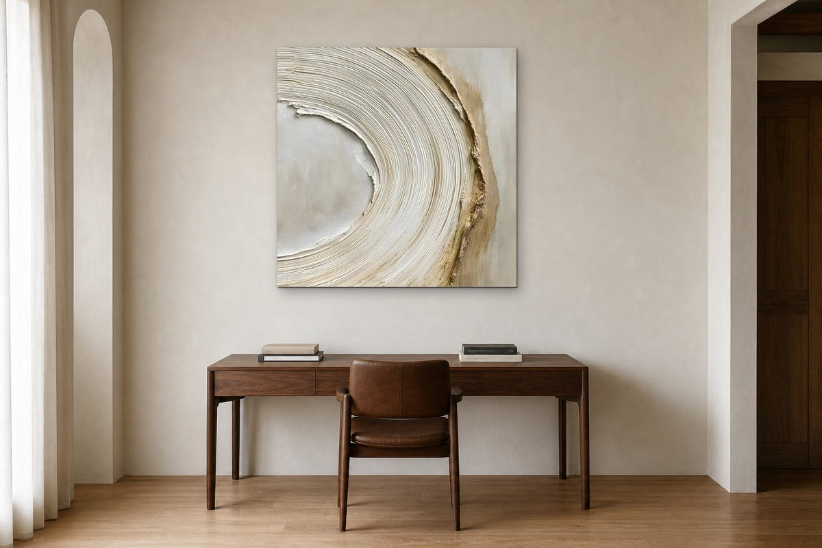 Ripple shown at 100 × 100 cm above a 160 cm walnut desk