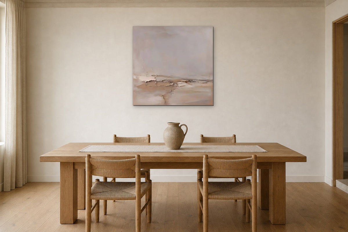 Blush Shore shown at 60 × 60 cm above a 200 cm oak dining table