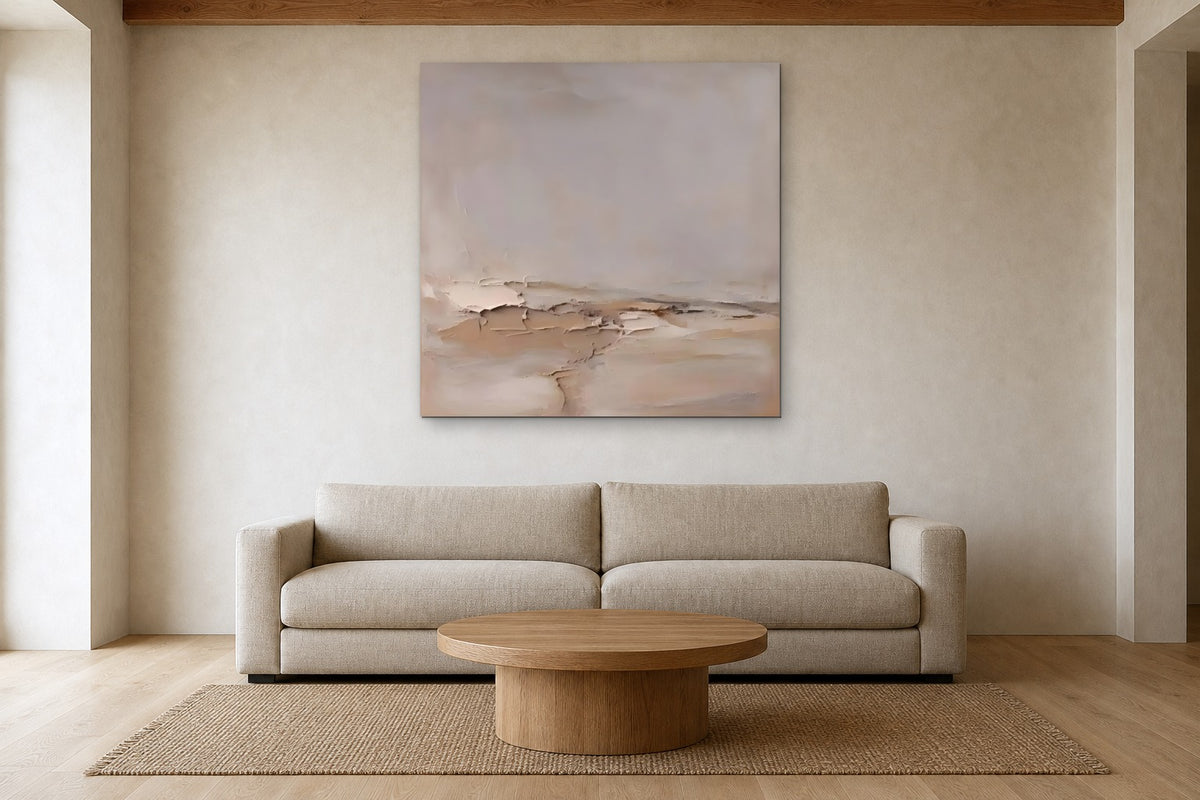 Blush Shore shown at 120 × 120 cm above a 240 cm linen sofa
