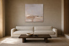 Blush Shore shown at 90 × 90 cm above a 230 cm linen sofa