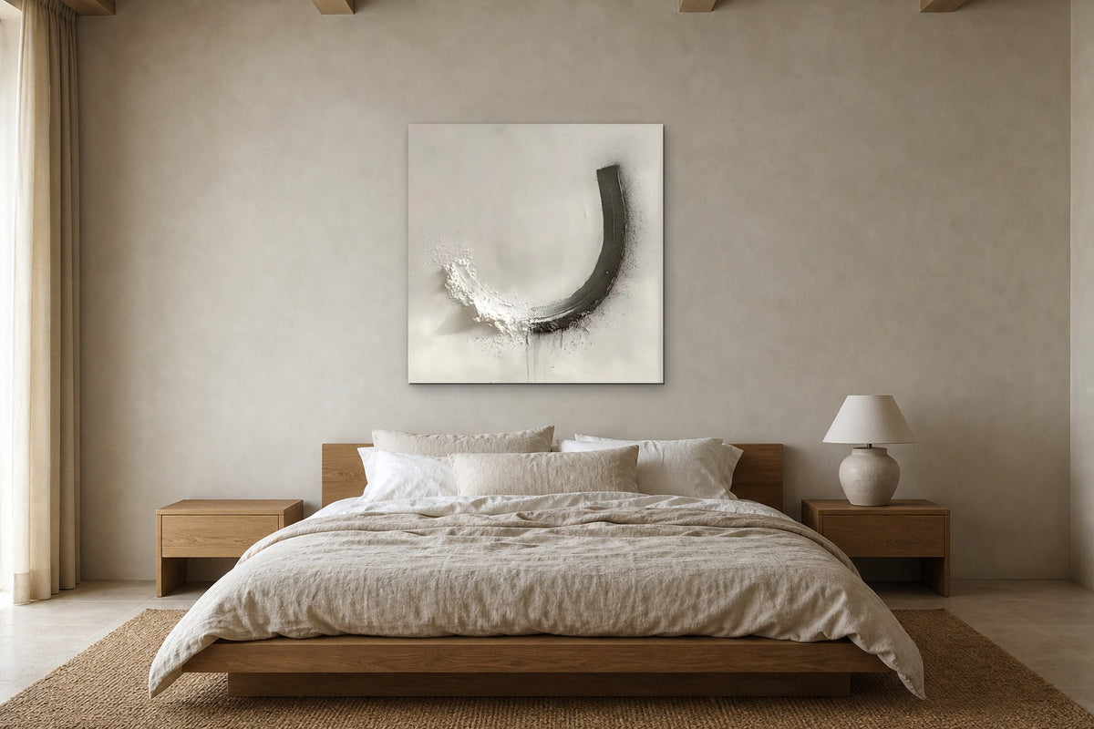 Charcoal Crescent shown at 110 × 110 cm above a 180 cm oak bed