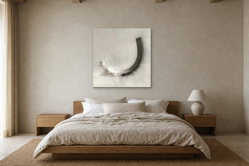 Charcoal Crescent shown at 110 × 110 cm above a 180 cm oak bed