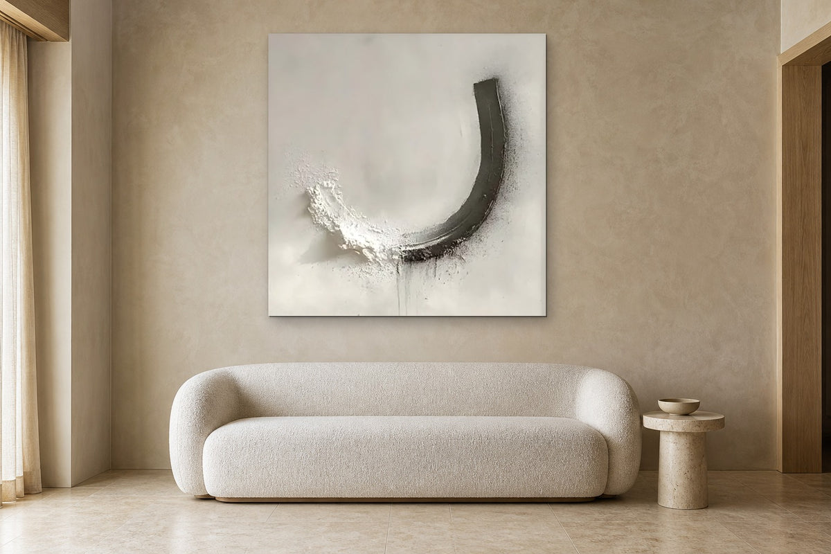 Charcoal Crescent shown at 130 × 130 cm above a 220 cm boucle sofa