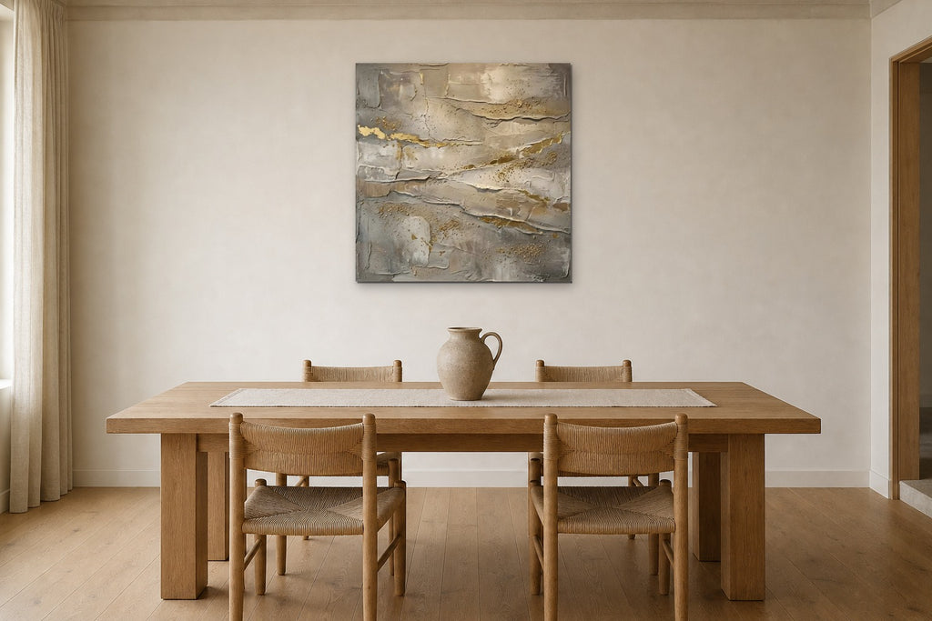Gold Leaf Strata shown at 60 × 60 cm above a 200 cm oak dining table