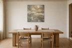 Gold Leaf Strata shown at 60 × 60 cm above a 200 cm oak dining table