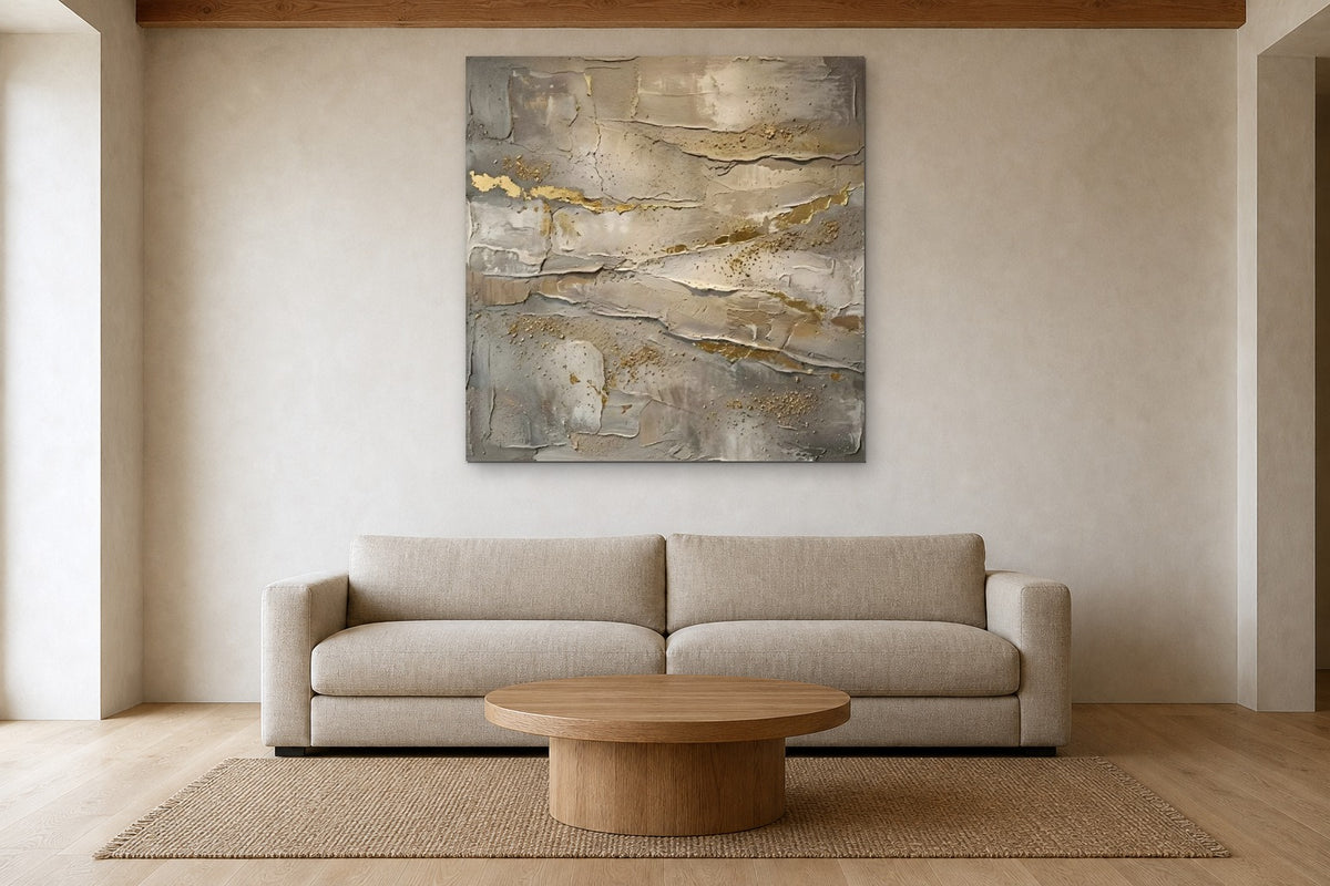 Gold Leaf Strata shown at 120 × 120 cm above a 240 cm linen sofa