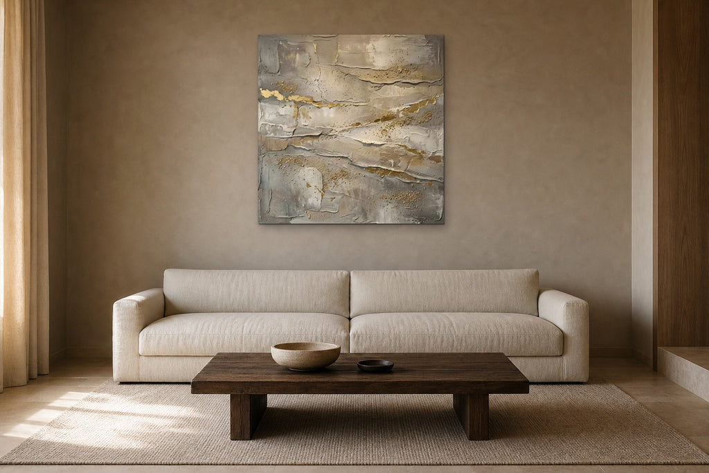Gold Leaf Strata shown at 90 × 90 cm above a 230 cm linen sofa
