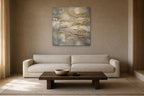 Gold Leaf Strata shown at 90 × 90 cm above a 230 cm linen sofa