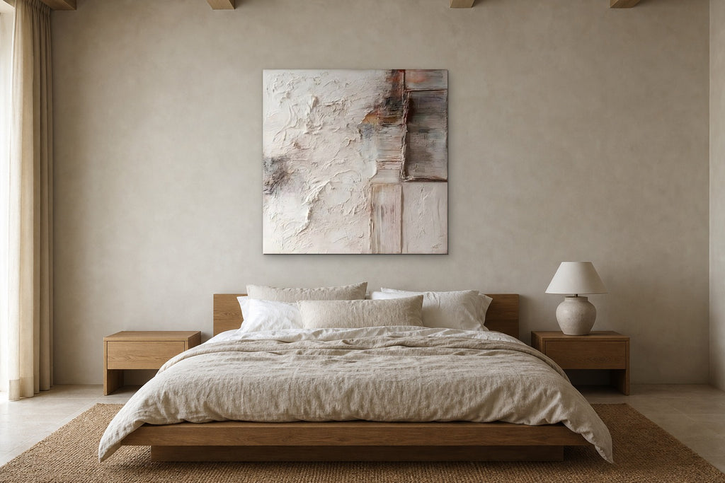 Weathered Linen shown at 120 × 120 cm above a 180 cm oak bed