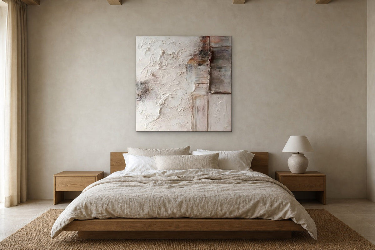 Weathered Linen shown at 120 × 120 cm above a 180 cm oak bed