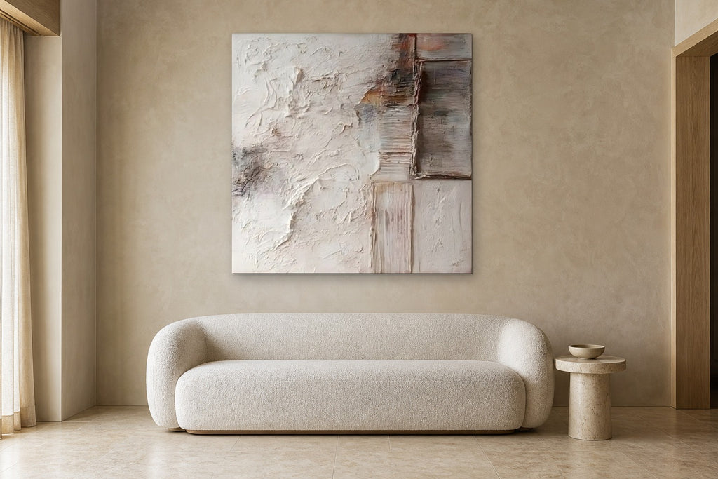 Weathered Linen shown at 130 × 130 cm above a 220 cm boucle sofa