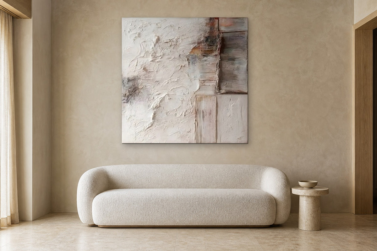 Weathered Linen shown at 130 × 130 cm above a 220 cm boucle sofa