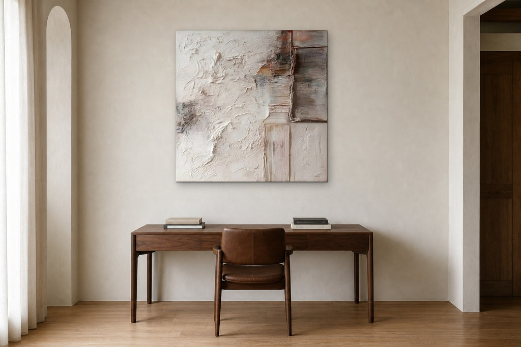 Weathered Linen shown at 100 × 100 cm above a 160 cm walnut desk