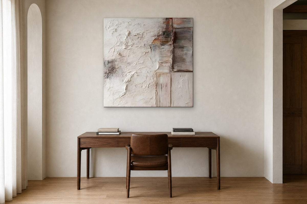 Weathered Linen shown at 100 × 100 cm above a 160 cm walnut desk