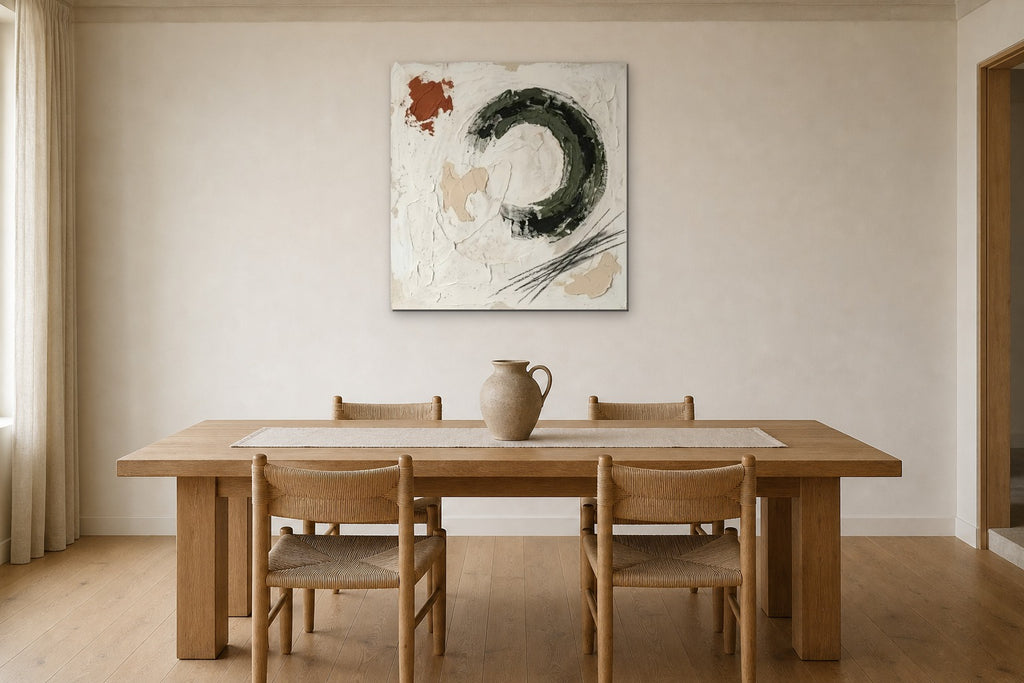 Moss Circle shown at 60 × 60 cm above a 200 cm oak dining table
