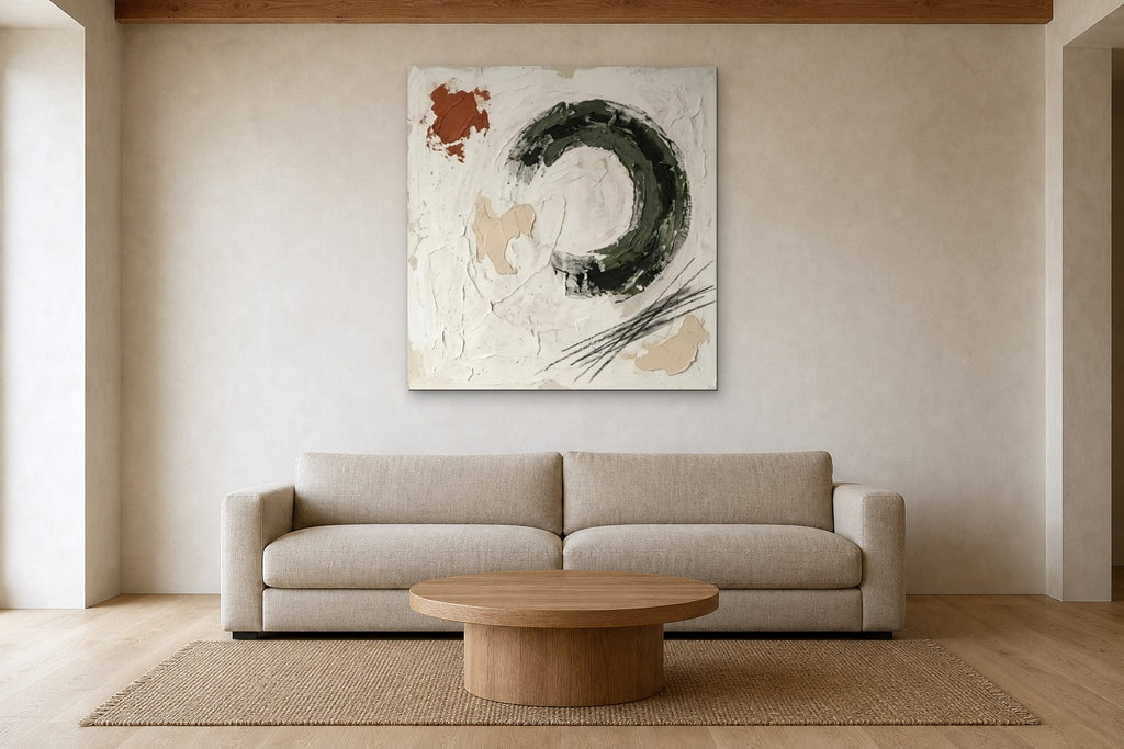 Moss Circle shown at 110 × 110 cm above a 240 cm linen sofa