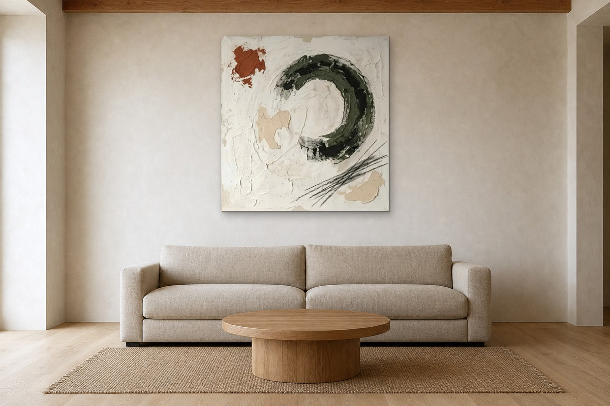 Moss Circle shown at 110 × 110 cm above a 240 cm linen sofa
