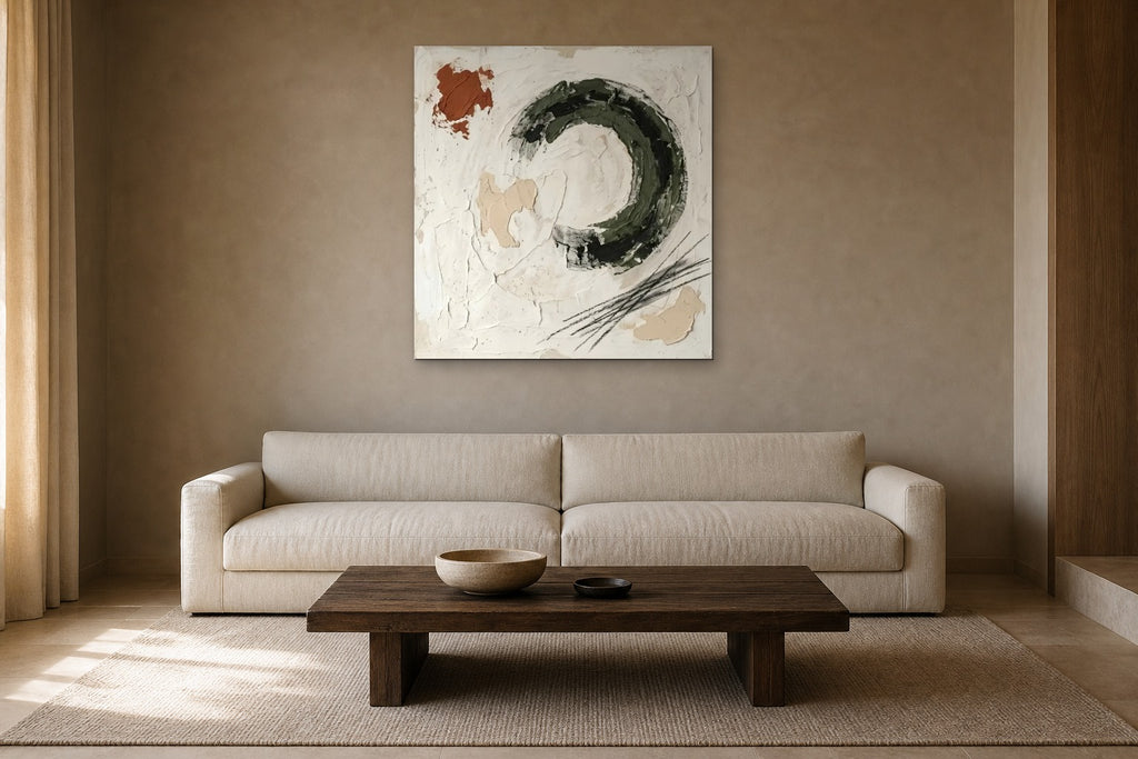 Moss Circle shown at 90 × 90 cm above a 230 cm linen sofa