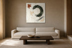Moss Circle shown at 90 × 90 cm above a 230 cm linen sofa