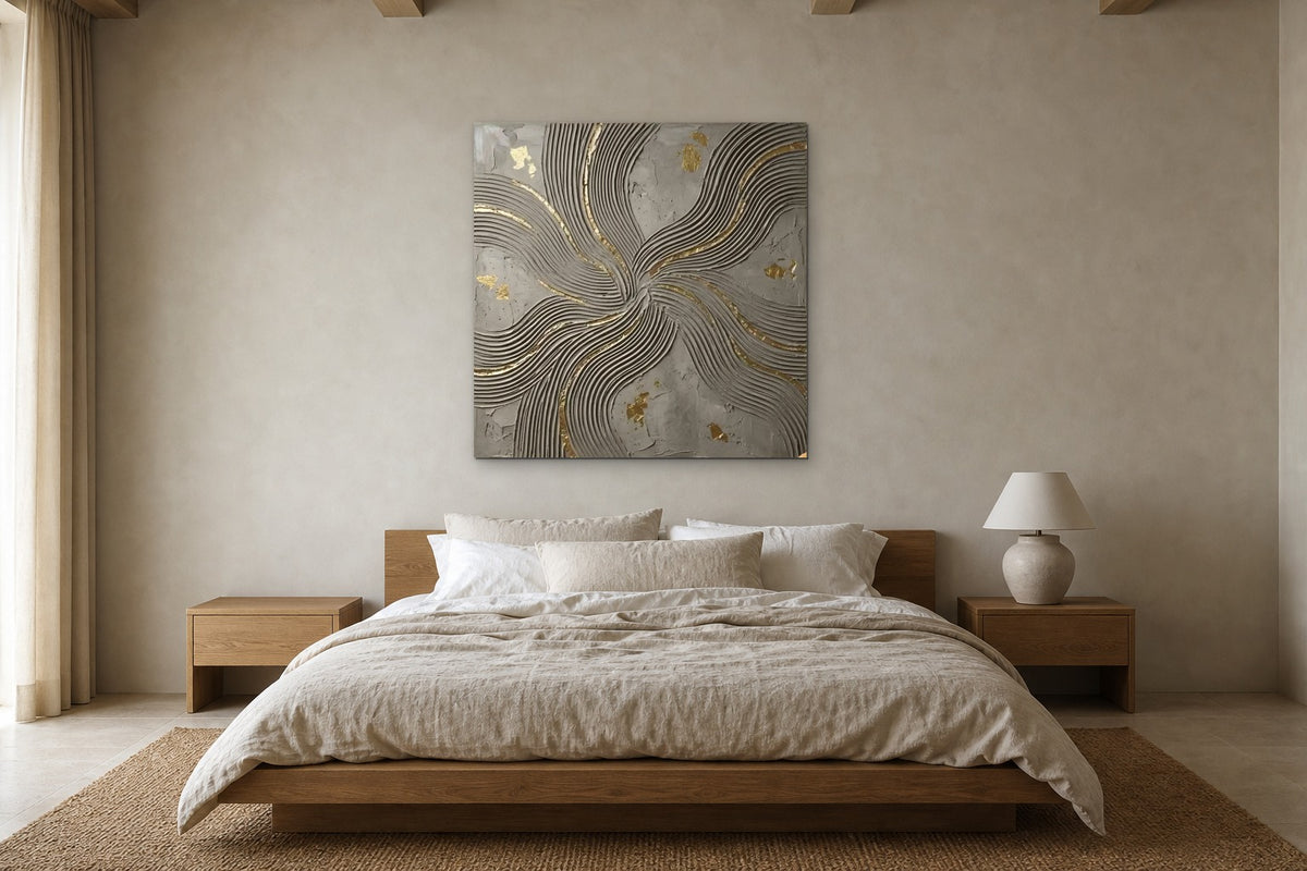 Golden Swirl shown at 120 × 120 cm above a 180 cm oak bed