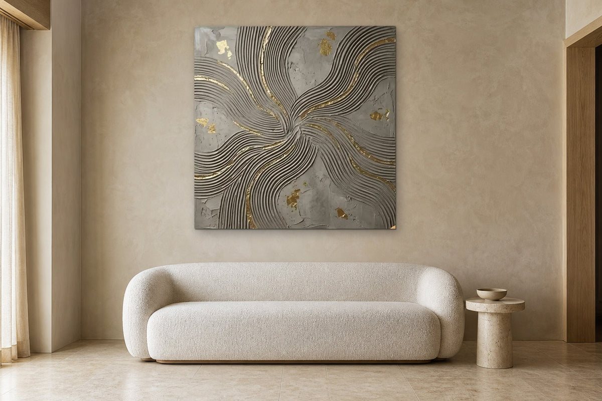 Golden Swirl shown at 130 × 130 cm above a 220 cm boucle sofa