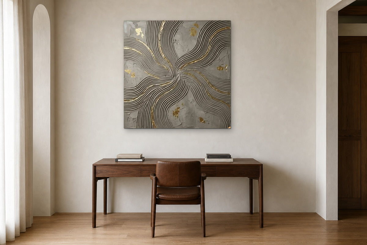 Golden Swirl shown at 100 × 100 cm above a 160 cm walnut desk