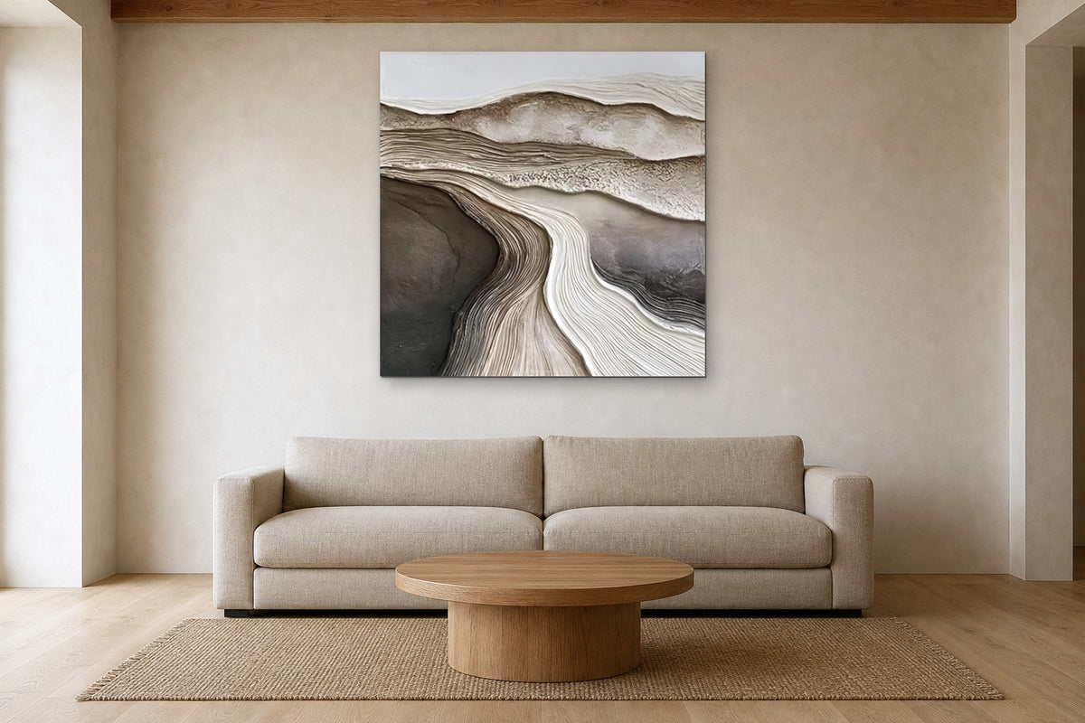 Valley shown at 120 × 120 cm above a 240 cm linen sofa
