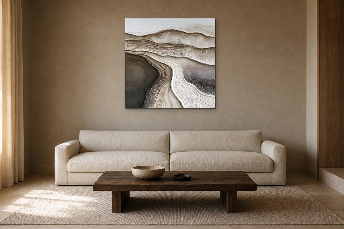 Valley shown at 90 × 90 cm above a 230 cm linen sofa
